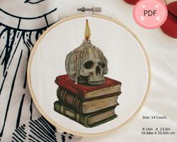Halloween Cross Stitch Pattern , Skull Candle With Books,Skull X Stitch Chart, Instant Download,Pdf,Scary Night,Spooky