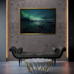 Seascape Framed Canvas, Aurora Lights Wall Art, Colorful Sky Canvas, Landscape Canvas, Large Wall Art, Starry Sky White