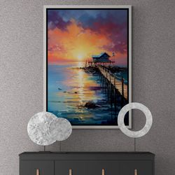 Seascape Wall Art, Oil Painting Canvas, Sea Framed Canvas, Sea Pier Wall Art, Sunset Landscape Canvas, Large Wall Art, G