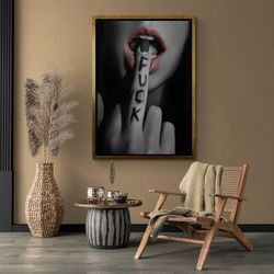 Sexy Woman Wall Art, Red Lips Framed Canvas, Hand Gesture Wall Art, Woman Pose Canvas, Fuck You Wall Art, Fuck Canvas, S