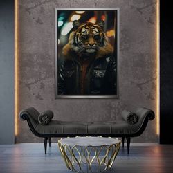 tiger wall art, animal framed canvas, leather jacket tiger canvas, glasses tiger canvas, tiger artwork, large wall art,