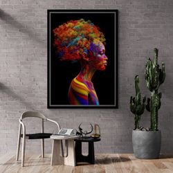 Woman Wall Art, Colorful Woman Framed Canvas, Treehead Woman, Curly Woman Wall Art, Rainbow Woman Canvas, Abstract Black