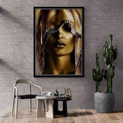 Woman with Gold Scarf Wall Art, Golden Make Up Framed Canvas, Woman Face Wall Art, Golden Face Woman Canvas, Woman Gold