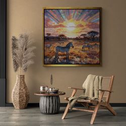 Zebra Framed Canvas, Sunset Wall Art, Landscape Canvas, Zebra Wall Art, Scenic Forest Canvas, Zebra Artwork, Animal Silv