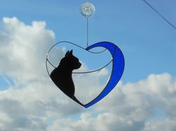 Black Cat in Blue Heart . Art stained glass window hanging Suncatcher. Gift for animal lover, pet loss memorial