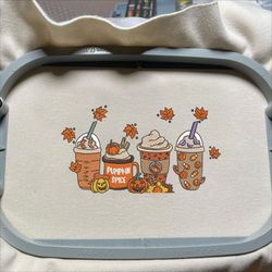 Coffee Cup Embroidery Design, Retro Pumpkin Cup Embroidery Machine Design, 3 Sizes, Format Exp, Dst, Jef, Pes
