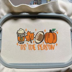 Coffee Cup Embroidery Design, Tis The Season Baseball Pumpkin Embroidery Machine Design, 3 Sizes, Format Exp, Dst, Jef, Pes
