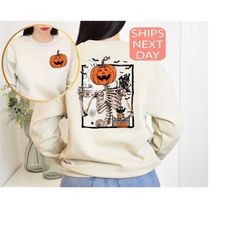 Halloween Skeleton Drinking Coffee Sweatshirt, Skeleton Coffee Hoodie, Skeleton Fall Sweatshirt, Funny Pumpkin Sweatshir