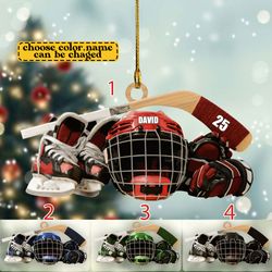 Personalized Hockey Skates Helmet And Stick Ornament, Hockey Christmas Ornament