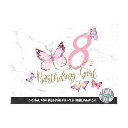 Pink and Purple Butterfly 8 PNG, Butterfly Birthday Eight Sublimation,  Gold Glitter Butterfly Print file