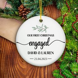 Engaged Christmas Ornament, Custom Greenery Engagement Keepsake, Personalized First Christmas Engaged