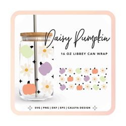 16oz Cute Pumpkin Libbey Can Wrap SVG | Fall Pumpkin SVG, Retro Daisy SVG, Trendy Glass Can Wrap svg, Autumn Sublimation