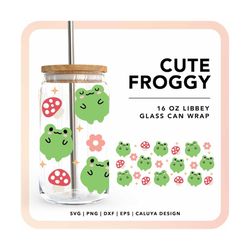 Cute Froggy  16oz Libbey Can Wrap SVG, Kawaii Frog SVG, Mushroom svg, Retro Flower Beer Glass Can svg, Frog Sublimation