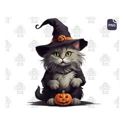 Prepare for Spooky Hilarity with Halloween Stylish Cat PNG - Cute and Funny Halloween PNGs, Witch Hat Shenanigans, Spook