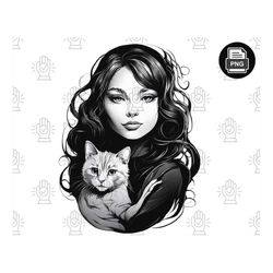 Endearing Girl with Cat PNG - Black and White Sublimation Designs, Graphics - Digital Download, Printable Art - Cat Love
