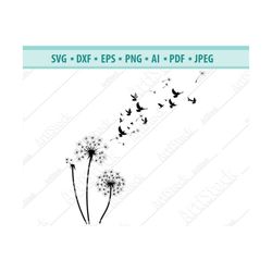 Dandelion with Birds SVG digital cut file, Dandelion Flower svg, EPS .PNG Instant Digital Clipart Vector Cricut Cut Cutt