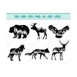 Nature animals Svg, Animals with forest svg, Silhouette, Wild animals Svg, File for cricut , Nature clipart Png, Animals