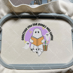 Books And Coffee Ghost Embroidery Machine Design, Halloween Spooky Season Embroidery Design, Book Nerd Ghost Reading Embroidery File