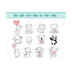 Animal Svg Bundle, Animals with heart Svg, Cute pets Svg, Valentine pets SVG, Animals Lover's SVG, Cutting File, Silhoue