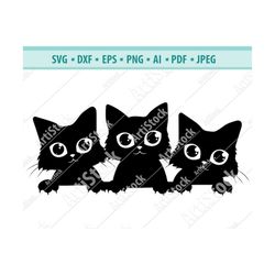 SVG 3 cats peeking, silly kitty cut file, black cats watching from the window, cute fun kittens decal, cricut silhouette