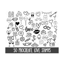 Procreate Love Stamps, Procreate Valentines stamps, Procreate hearts, heart stamps, Procreate doodles, Procreate brushes
