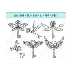 Vintage Key Svg, Flying key Svg, Key with wings Svg, Magic key clipart, Skeleton Key Svg, Key cut file, Eps, Dxf, Heart