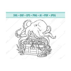 Octopus Svg, Octopus on chest Svg, Octopus Tentacles Svg, Treasure Chest Svg, Octopus pirate Svg, Octopus clipart, Png,