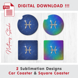 2 PISCES Diamond Zodiac Signs - Sublimation Waterslade Pattern - Car Coaster Design - Digital Download