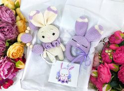 Baby gift box, Baby rattle, Stroller toy, Baby toys set, 6 month baby toys, Bunny crochet toy, Bunny gift set, Baby toys