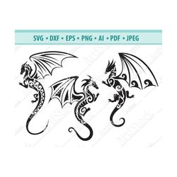 Tribal Dragon Svg, Dragon Svg, Fantasy Dragon SVG, Dragon Clipart, Files for Cricut, Silhouette, Ancient animals Svg, Dr