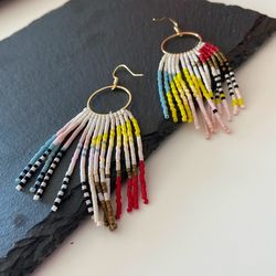 Beaded hoops earrings, abstract fringes, wearable art, dangle earrings boho\bohemian, casual jewelry gift