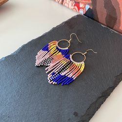 Beaded hoops earrings, pink\orange\royal blue abstract fringes, wearable art, dangle earrings boho\bohemian, casual jewe