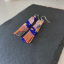 Modern beaded fringe earrings, Colorful extra lightweigh abstract handwoven earrings, hippie vibrant dangle earrings, ca