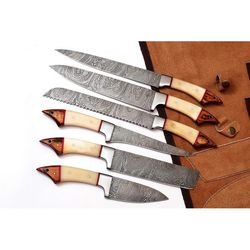 Custom made damascus steel kitchen/chef's knife set with leather roll bag DR-1061-B-6. C5