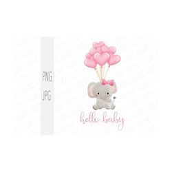 hello baby printable. watercolor baby elephant png. new girl baby elephant balloons. card printable for new baby. instan