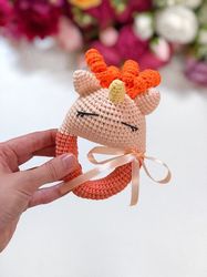 Crochet rattle, rattle unicorn orange , crochet ratte toy, baby toy, baby rattle toy, 6 month baby toy, crochet toy