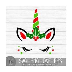 Christmas Unicorn - Instant Digital Download - svg, png, dxf, and eps files included! - Girl, Unicorn Face, Holly Berrie