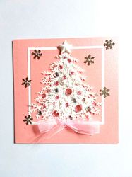 Luxury Christmas card with gift box, Christmas tree greeting card, Handmade Merry Christmas card, Pink Christmas card