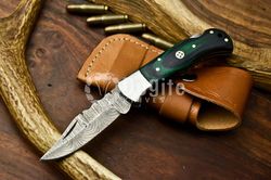 DK- 7 inch Damascus Steel Pocket Knife with Hard Wood Handle and Secure Back Lock Mechanism - EDC