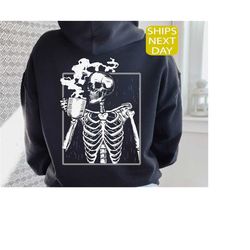 Hot Coffee Skeleton Hoodie, Skeleton Drinking Coffee Hoodie, Skeleton Hoodie, Skeleton On Back Hoodie, Skull Hoodie, Tre