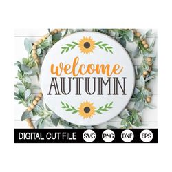 Hello Autumn Welcome Sign, Round Sunflower Door Hanger SVG, Farmhouse Fall Sign Door Decor, Glowforge, Png, Dxf, Svg Fil