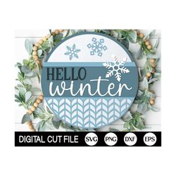 Hello Winter Door Hanger SVG, Christmas Welcome Sign SVG, Round Winter Sign Svg, Christmas Decor, Glowforge Laser Cut Fi