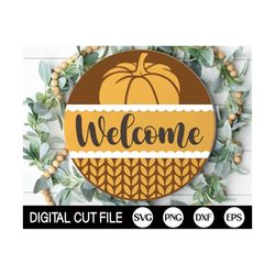 Hello Pumpkin Welcome Sign, Round Autumn Door Hanger SVG, Farmhouse Fall Sign Door Decor, Glowforge, Png, Dxf, Svg Files