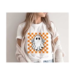 Checkered Peace Ghost SVG, Halloween Svg, Cute Ghost, Spooky Season Svg, Retro Halloween Shirt, Groovy ghost Png, Svg Fi