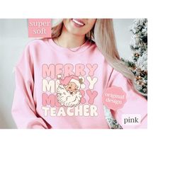 Merry Teacher Christmas Sweatshirt, Retro Christmas Teacher Teams Holiday Tshirt, Pink Christmas Teacher Shirt, Trendy T
