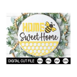 Home Sweet Home Welcome Sign SVG, Round Bee Door Hanger SVG, Summer Sign Svg, Honey Door Decor, Bee Svg, Glowforge, Svg