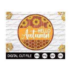 Hello Autumn SVG, Fall Welcome Sign, Sunflower Svg, Autumn Round Sign, Thanksgiving Svg, Farmhouse Porch Sign, Png, Svg