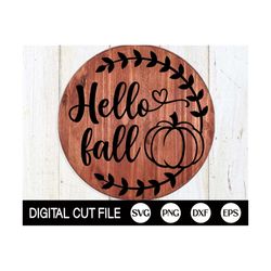 Hello Fall Svg, Pumpkin Door Sign, Autumn Door Hanger Svg, Thanksgiving Svg, Round Fall Sign, Farmhouse Svg, Png, Dxf, S