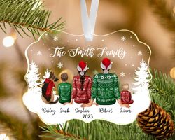 Family with Dogs Ornament, Custom Family with Kids and Pets Ornament, Family Christmas Ornament