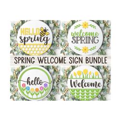 Spring Welcome Sign Bundle, Round Door Hanger SVG, Spring Sign Svg, Farmhouse Spring Door Decor, Glowforge, Png, Dxf, Sv